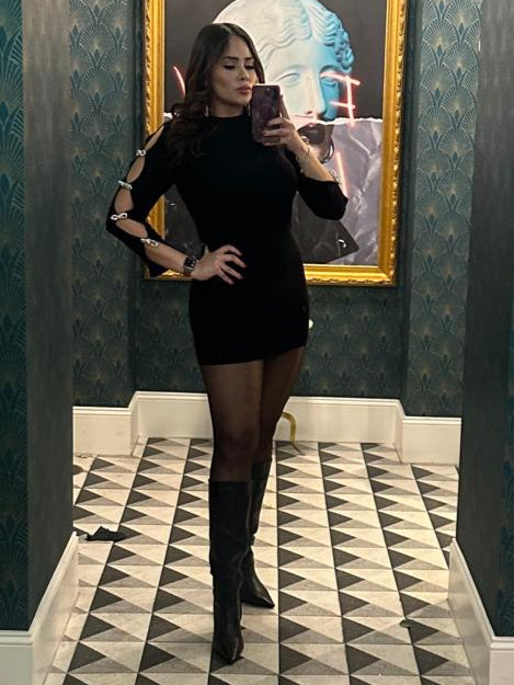 Charlotte Long-Sleeve Knit Dress with Rhinestone Bows – Black