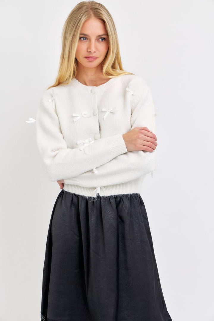 Florence Grosgrain Bow Cardigan - Black/White