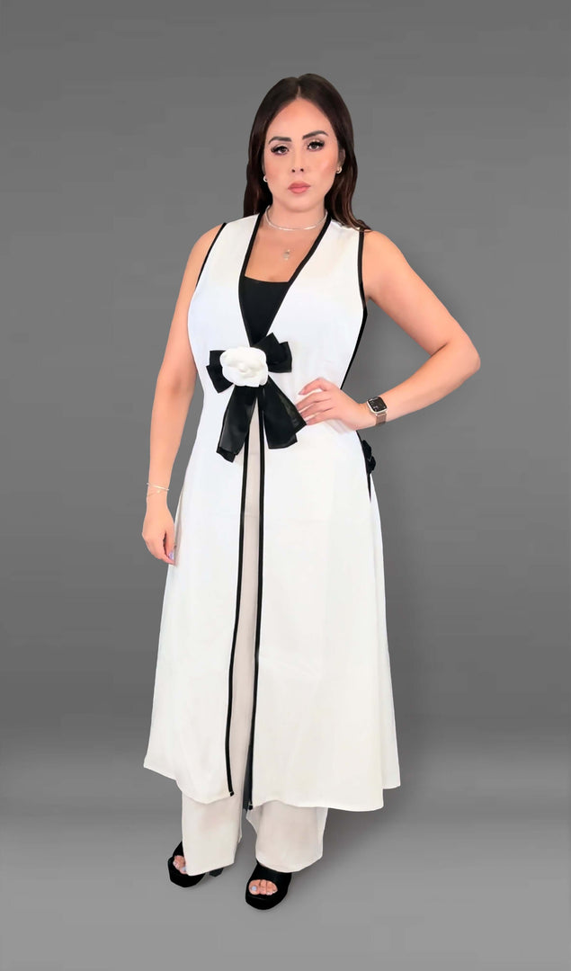 Alexandra Elegant Long Vest Set - Black/White