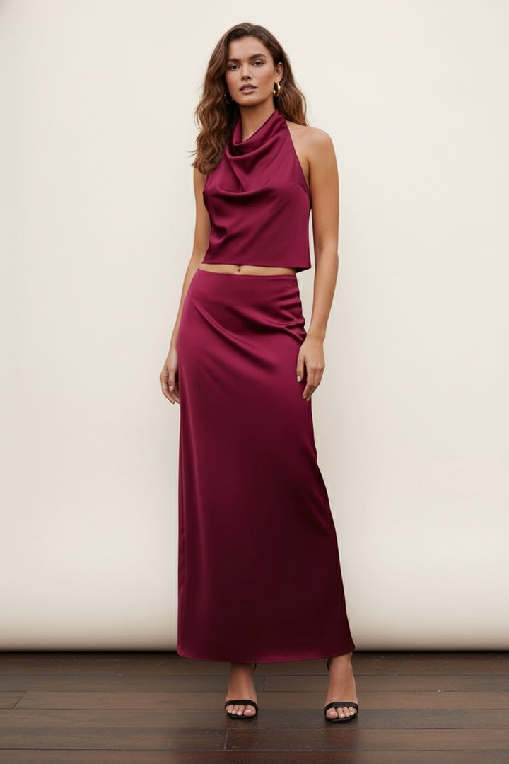 Wine Satin Two-Piece Set – Halter Top & Maxi Skirt