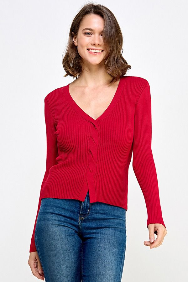 Camila V-Neck Long-Sleeve Knit Sweater – Red