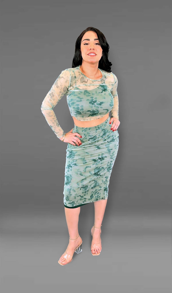 Daniela Sheer Mesh Two-Piece Set - Green Print