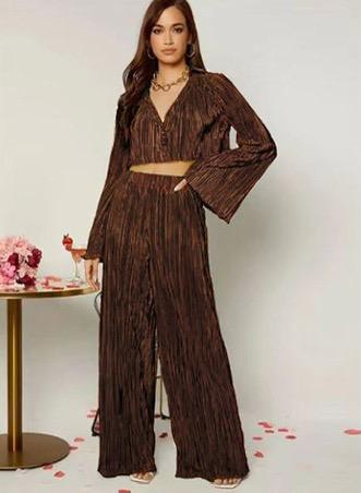 Edith Flounce Sleeve Crop Blouse & Wide Leg Pants Set - Marron