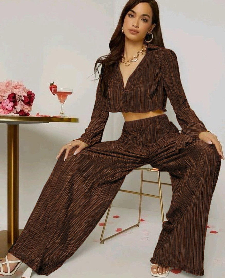 Edith Flounce Sleeve Crop Blouse & Wide Leg Pants Set - Marron