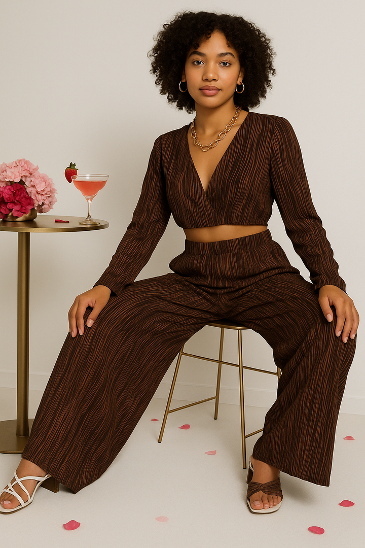 Edith Flounce Sleeve Crop Blouse & Wide Leg Pants Set - Marron