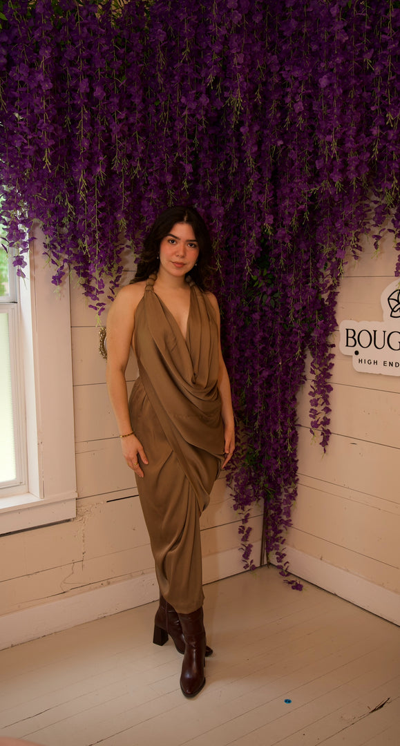 Victoria Draped Midi Dress with Deep Necklin