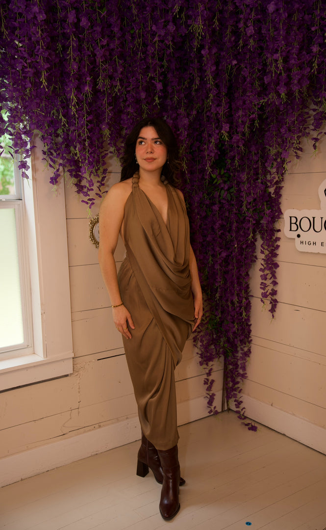 Victoria Draped Midi Dress with Deep Necklin