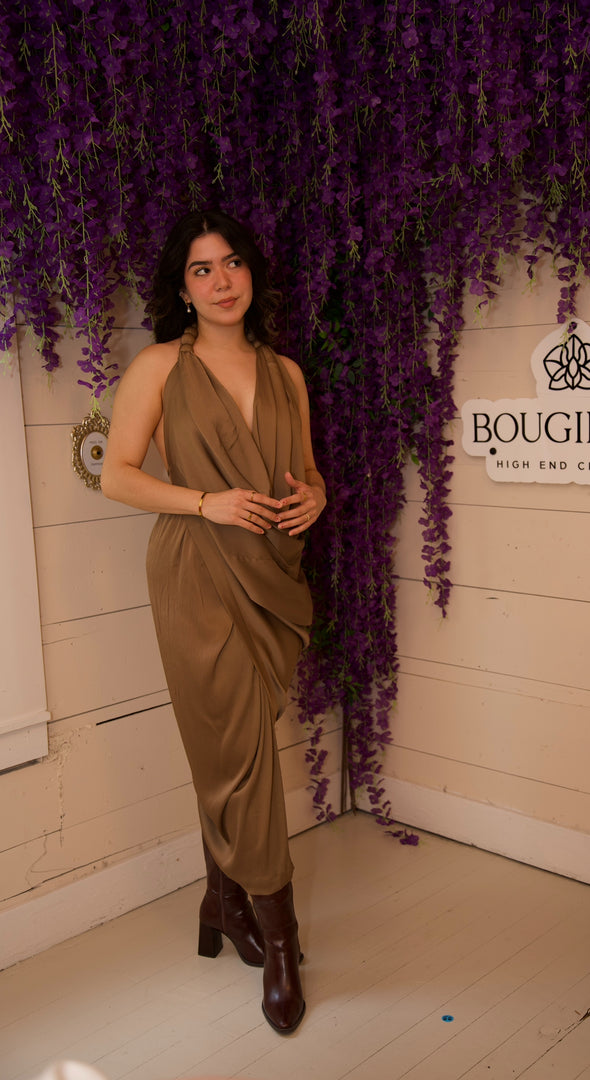 Victoria Draped Midi Dress with Deep Necklin