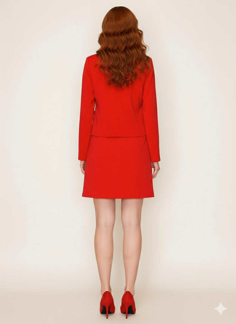 Adriana Red Two-Piece Set — a chic, tailored jacket and mini skirt with feminine bow accents.