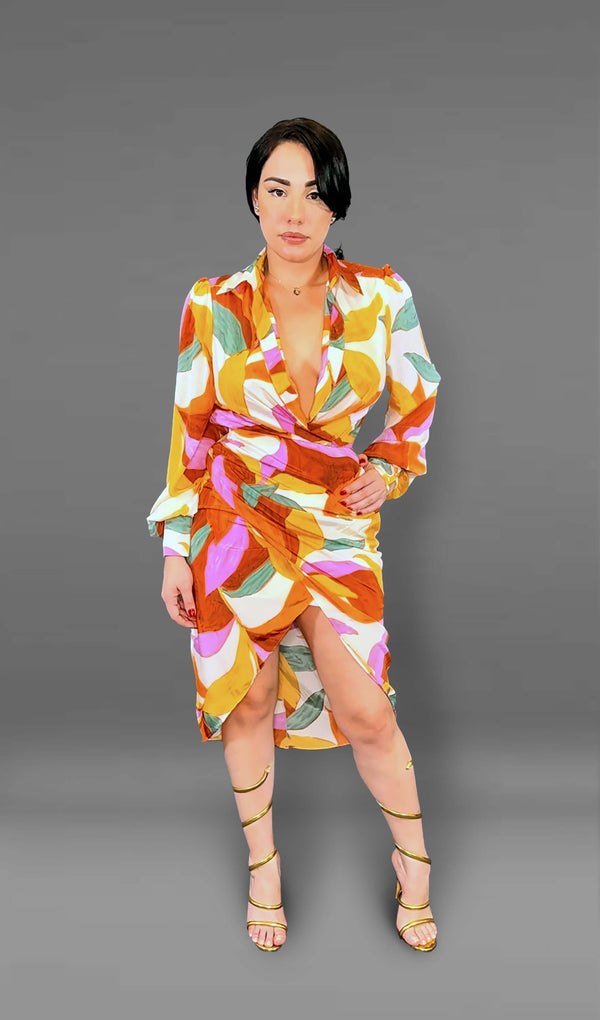 Mildred Retro Glam Wrap Dress - Abstract Print