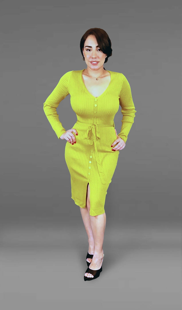 Olivia Ribbed Knit Midi Dress - Mustard Yellow