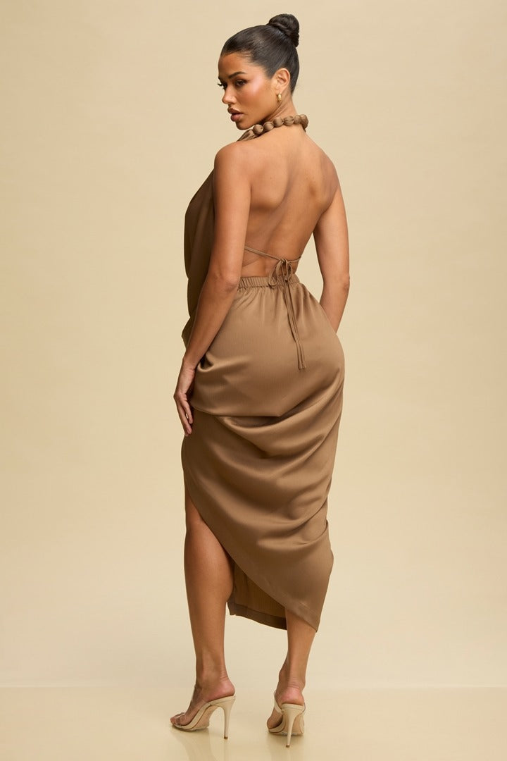 Victoria Draped Midi Dress with Deep Necklin